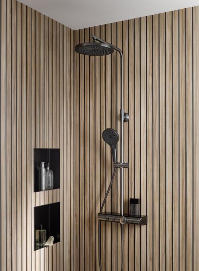 HSK Shower-Set AquaXPro 200 Thermostat Gunmetall gebürstet mit Echtglasablage (ESG), Schwarz