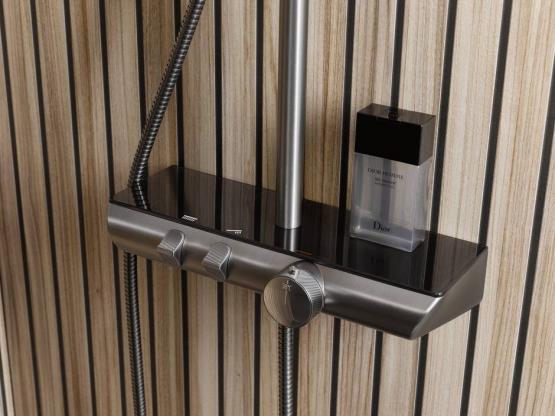 HSK Shower-Set AquaXPro 200 Thermostat Gunmetall gebürstet mit Echtglasablage (ESG), Schwarz